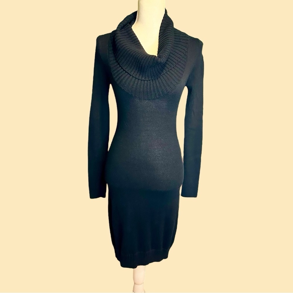BCBGMaxAzria Black Foldover Cowlneck Long-Sleeve Sweater Midi Dress Size XS
